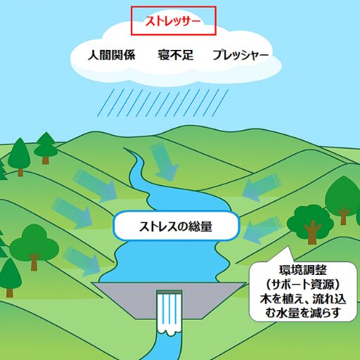 ストレス脆弱性モデルをダムに喩えて、俯瞰的に表した図